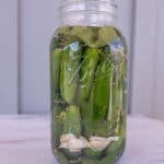 pickles packed in brine in clear glass jar for an easy fermented pickles recipe.
