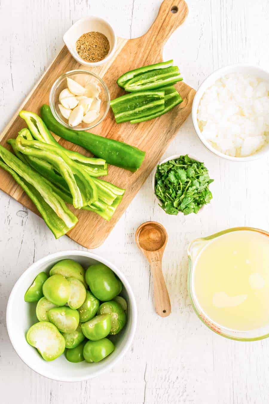 ingredients for green enchilada sauce set out.