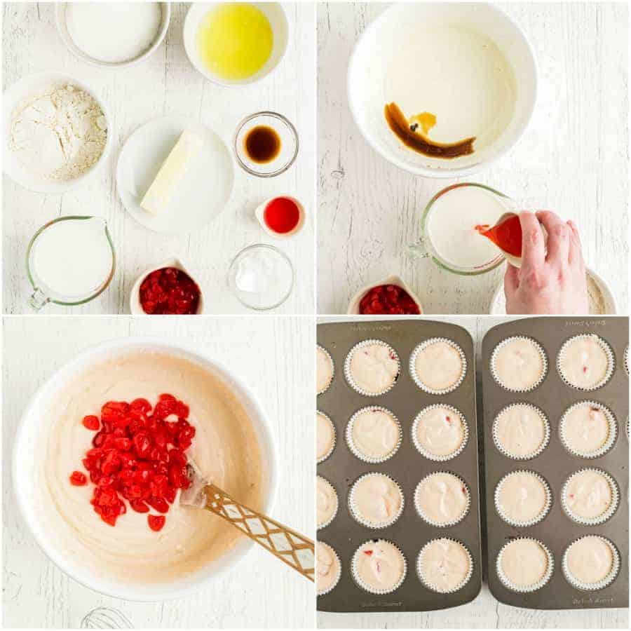 how to make cherry chip cupcake batter collage of 4 pictures