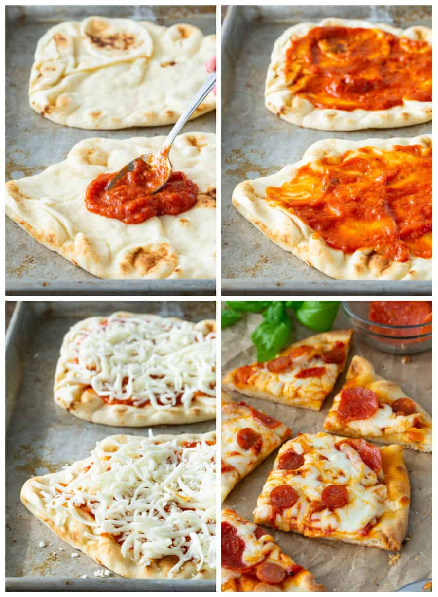 Step-by-step of creating flatbread pizza with spreading sauce, sprinkling cheese, and sliced flatbread pizza sliced and ready to eat