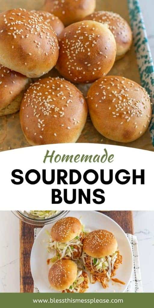 pin with text of sourdough buns recipe