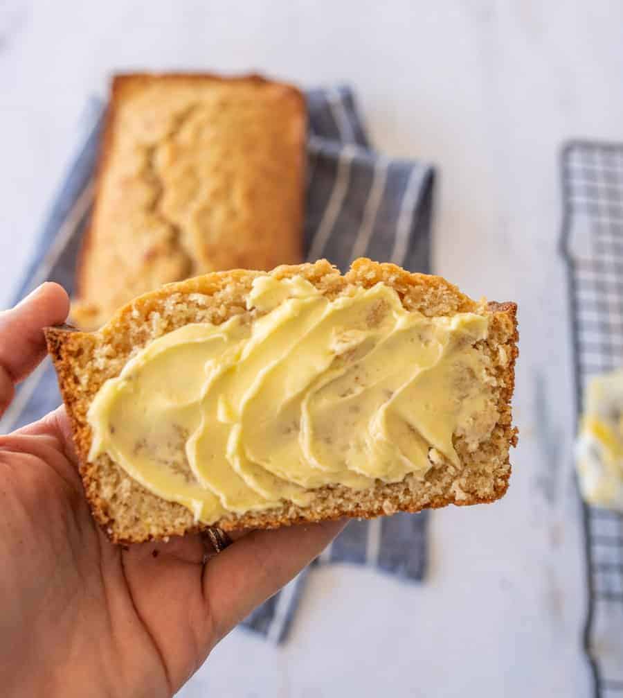 banana bread with lots of yellow butter on top