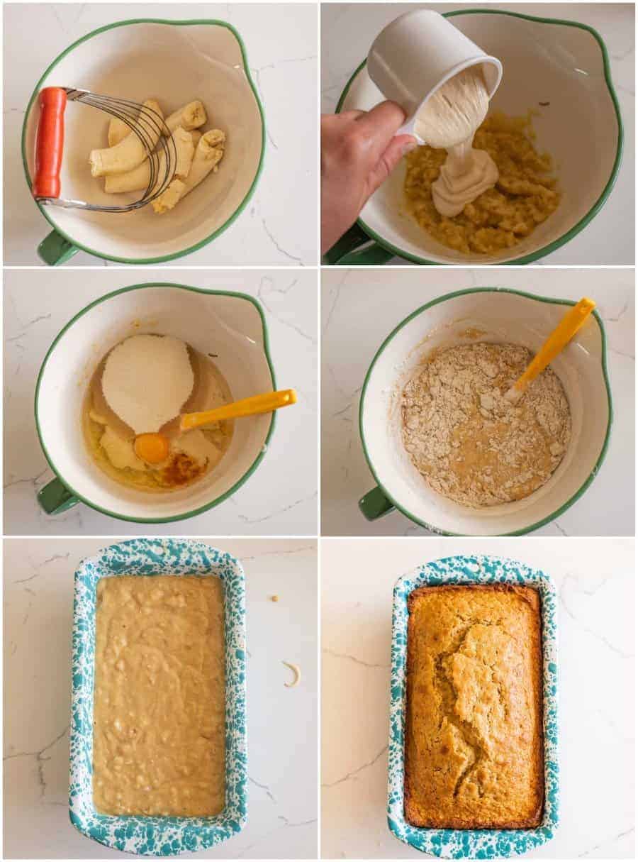 collage on how to make sourdough banana bread step by step