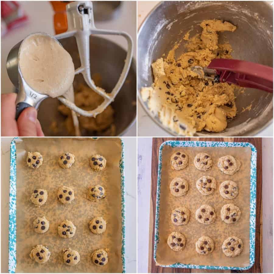 collage of 4 pictures on how to make sourdough chocolate chip cookies