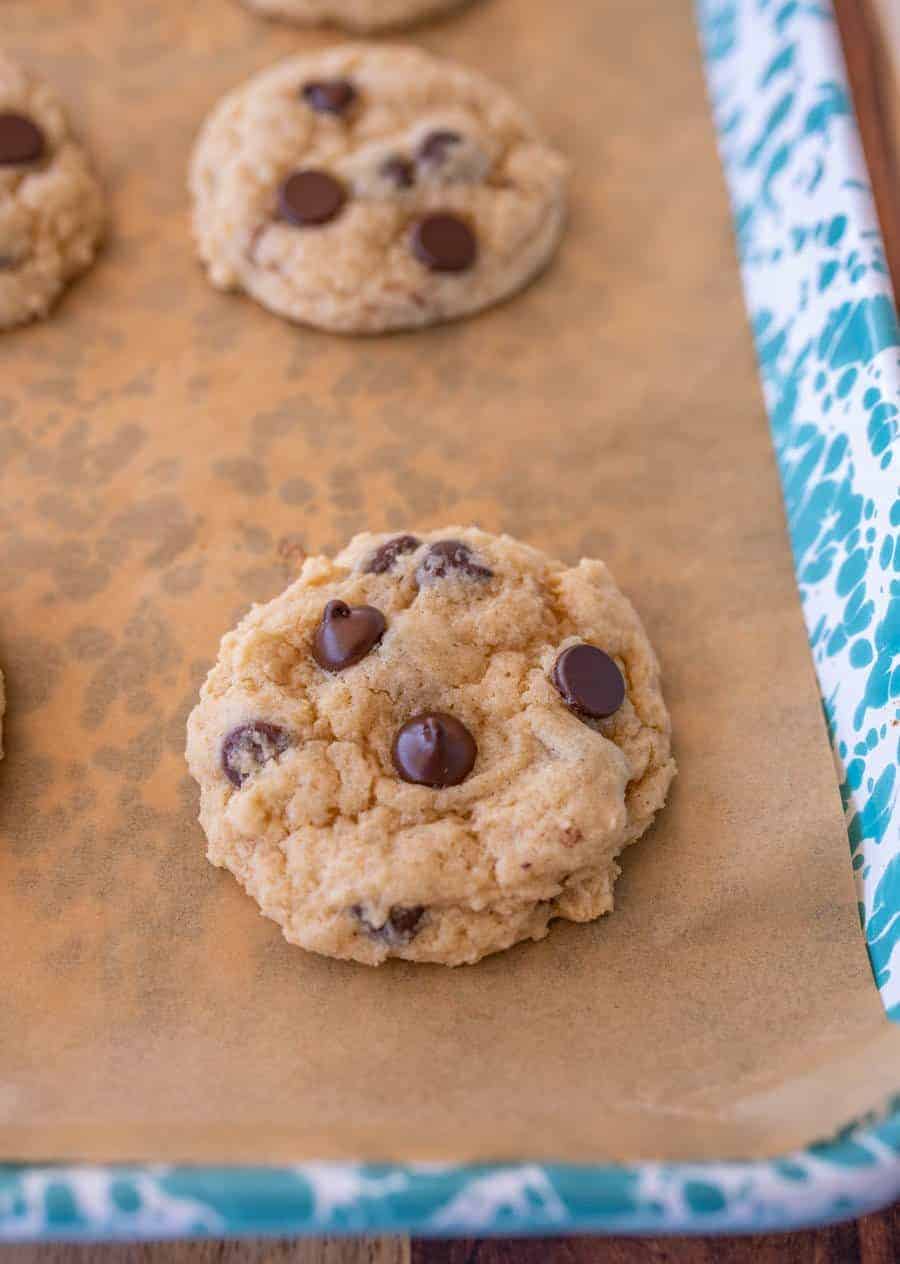 slow up of cookie with melted chocolate chips