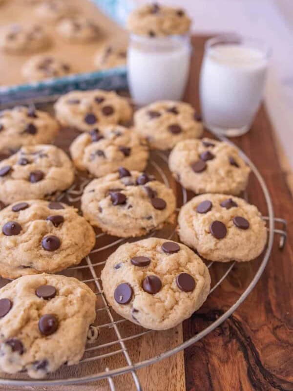 sourdough chocolate chip cookies on cooling rack.