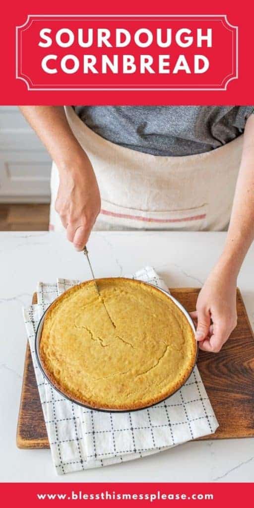 slicing cornbread to serve with text overlay