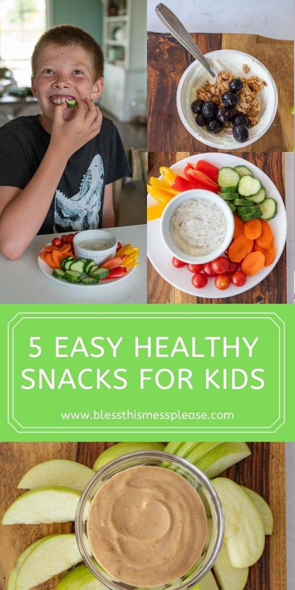 pin collage with text of kids eating and snacks