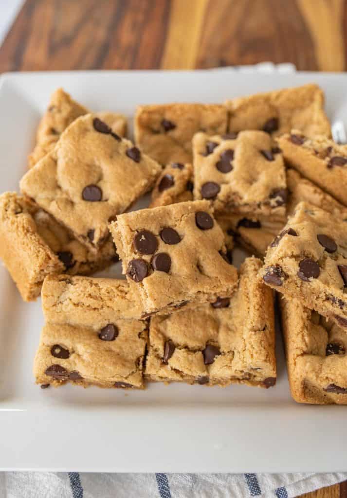 close up of gluten free chocolate chip cookie bars.