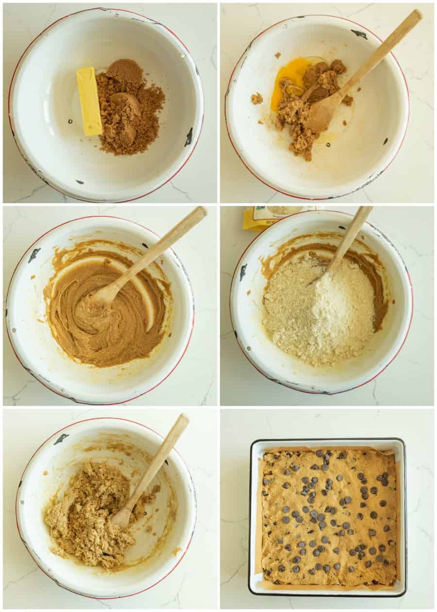 6 picture collage of step by step photos of how to make a chocolate chip cookie bar