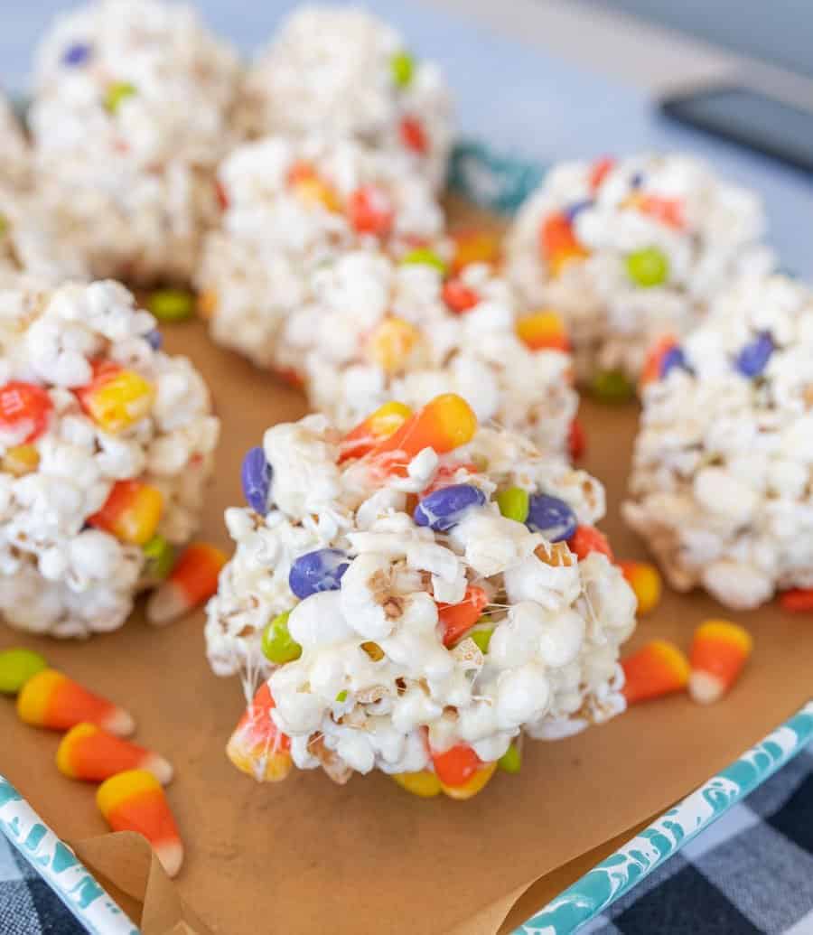 halloween popcorn balls with candy corn