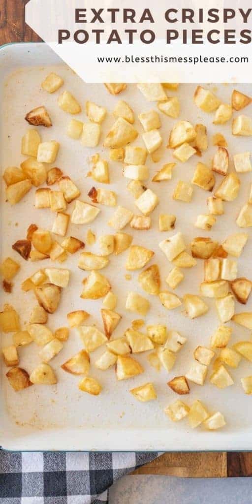 crispy baked potato cubes in baking sheet with text on image