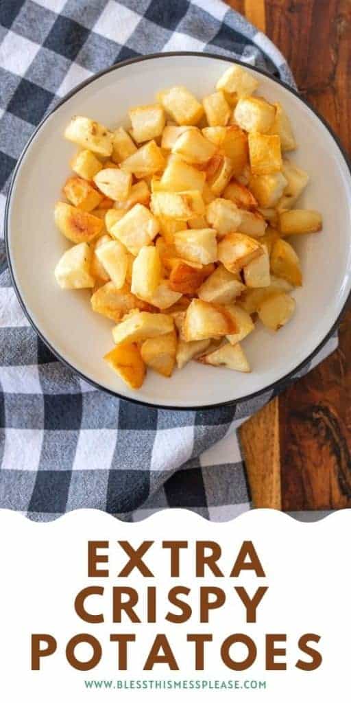 crispy baked potato cubes on a plate with text on the image