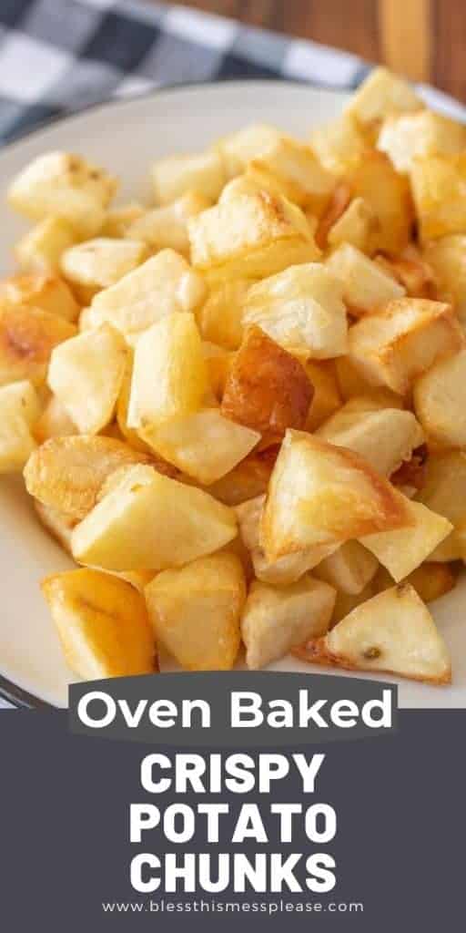 crispy baked potato cubes on a plate with text on the image