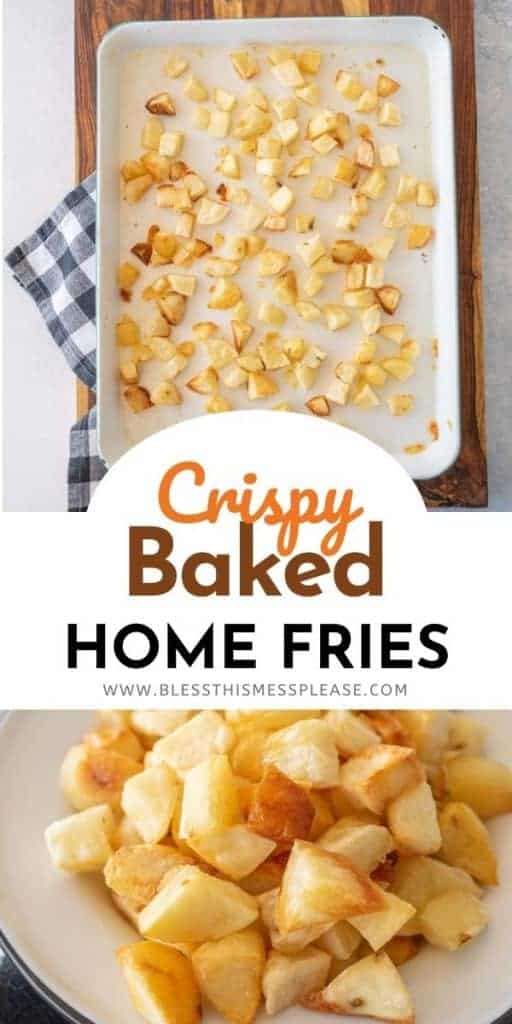 crispy baked potato cubes on a baking sheet and on a plate with text on the image