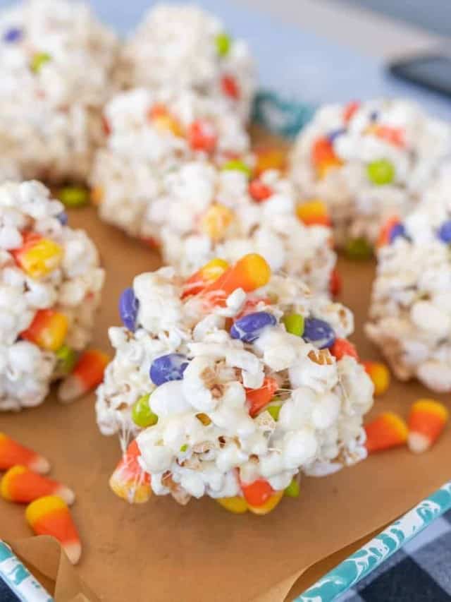 halloween popcorn balls with candy corn.