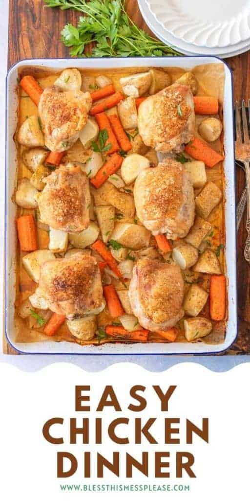 chicken, potatoes, carrots, and onions on a sheetpan