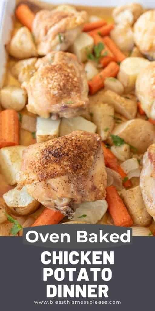 chicken, potatoes, carrots, and onions on a sheetpan