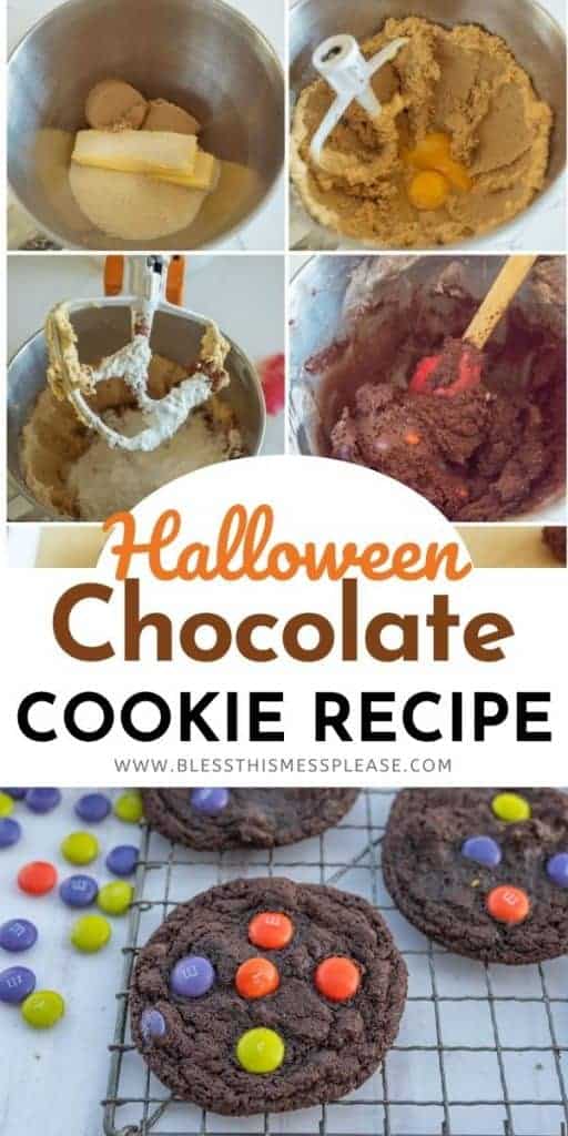 collage of pictures showing steps to make M&M halloween chocolate cookies