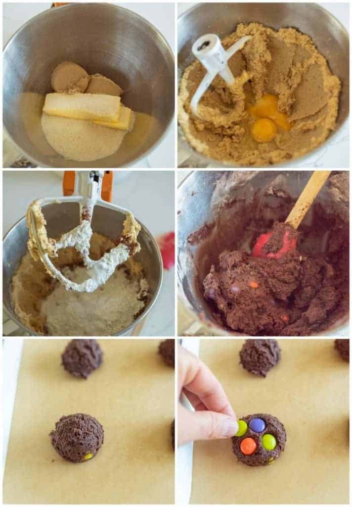 collage of steps to make chocolate M&M cookies