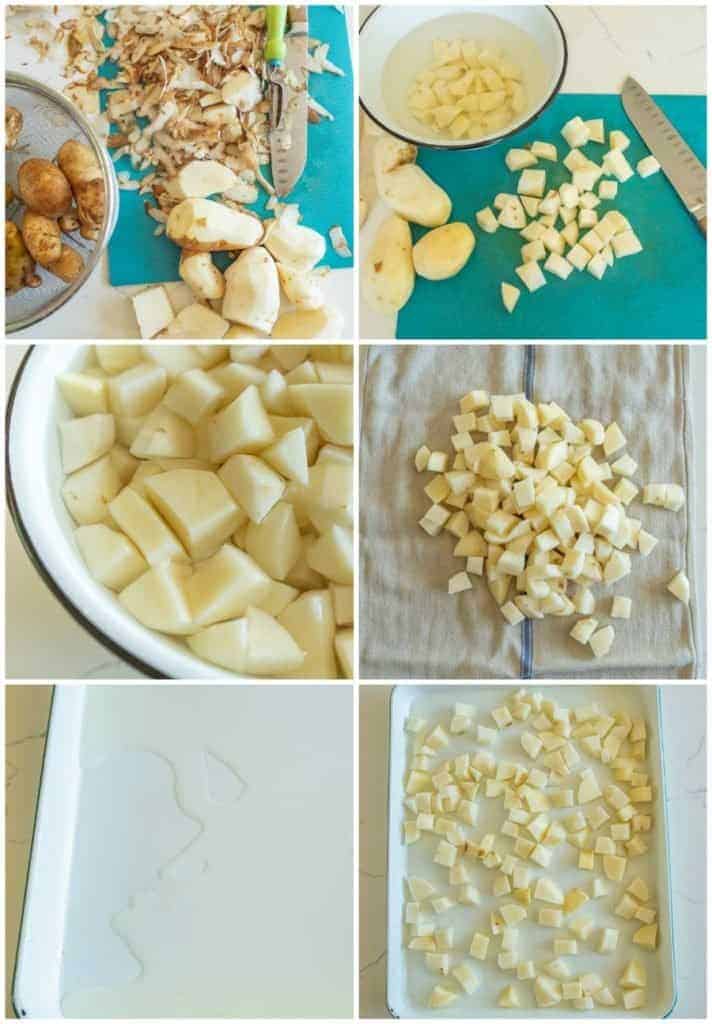 collage of pictures showing steps to make crispy potatoes chunks