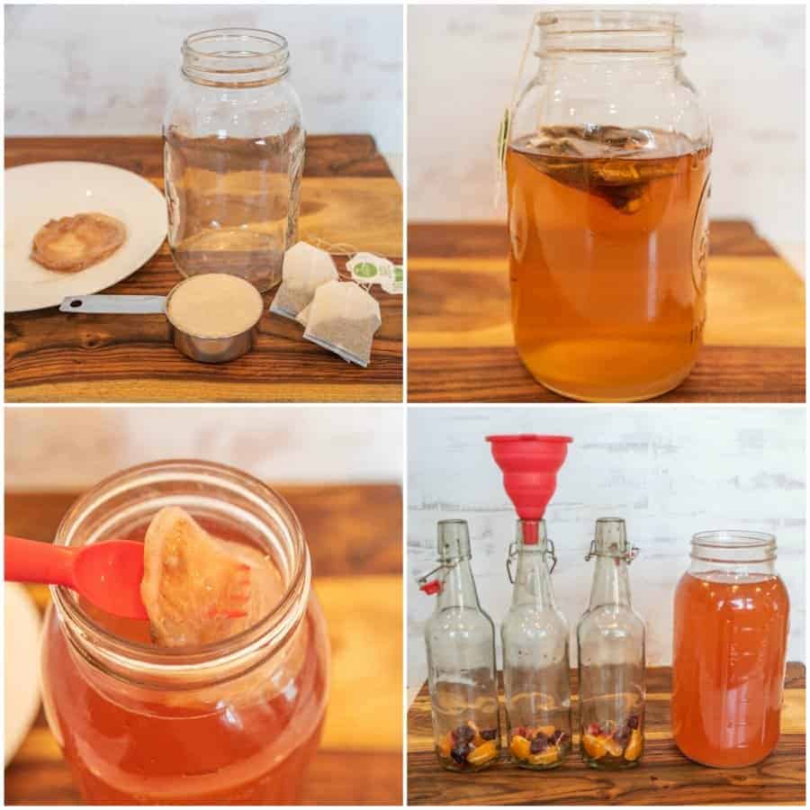 collage of steps to make kombucha