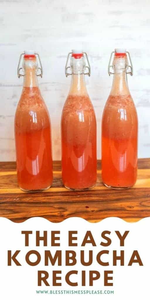 three bottles of pink kombucha with text on image