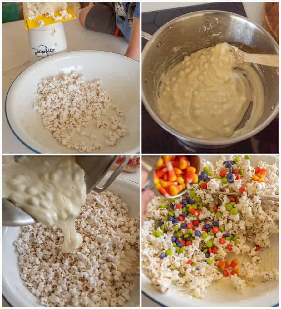 collage of steps to make no bake halloween popcornballs