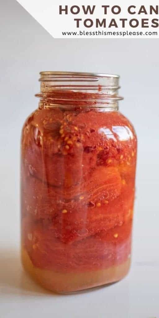 text reads "how to can tomatoes" with a mason jar full of tomatoes