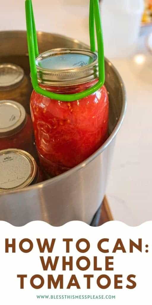 text reads "how to can: whole tomatoes" with a mason jar full of tomatoes