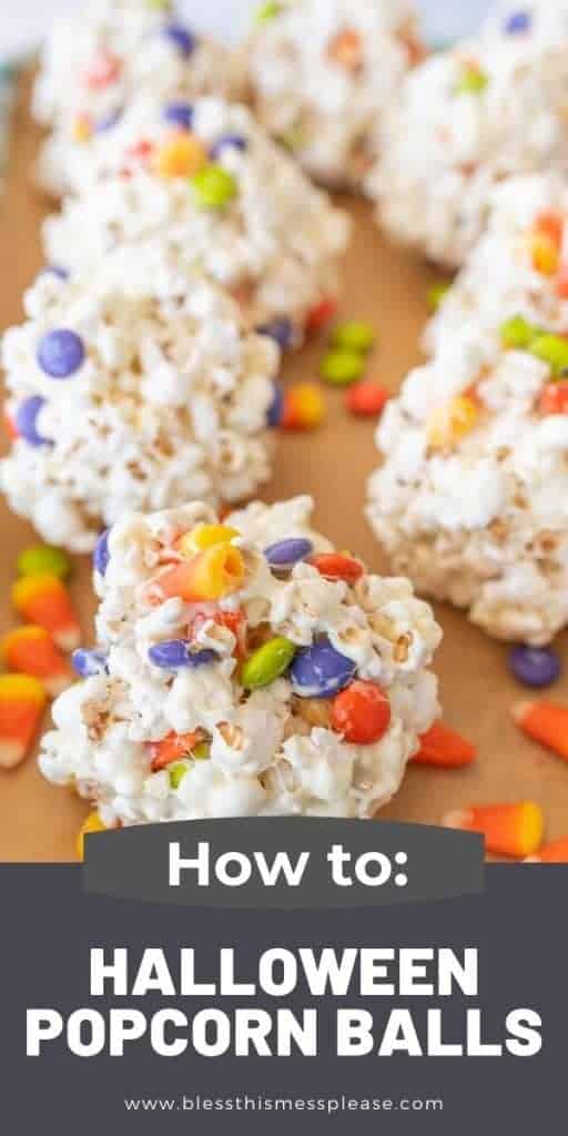 no bake halloween popcornballs and candy corn on a baking sheet