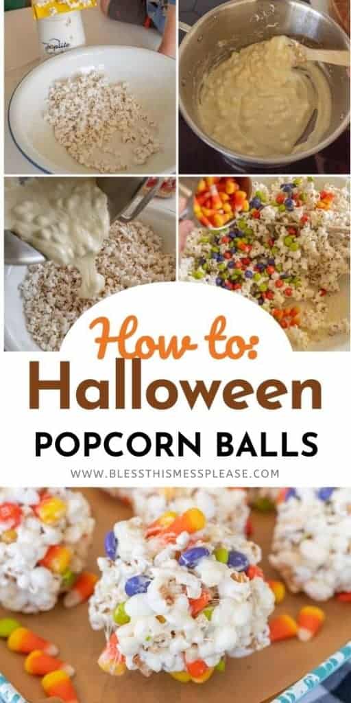 steps to make no bake halloween popcornballs and candy corn on a baking sheet