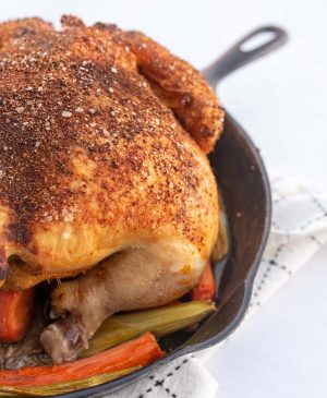 whole roasted chicken in cast iron skillet