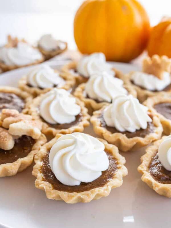 mini pumpkin pie with whipped cream swirl on top