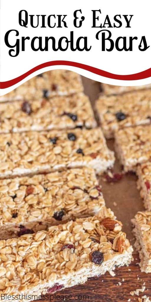 picture of granola bars on a wood cutting board with the words "quick and easy granola bars" written on the top