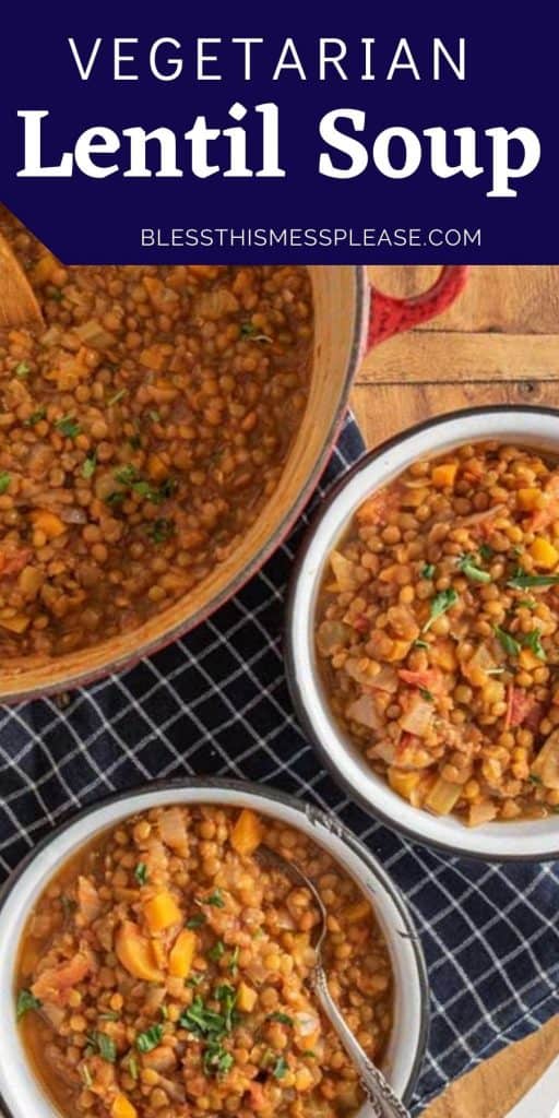 top view of a pot and bowls filled with vegetarian lentil soup with the words "vegetarian lentil soup" written on the top