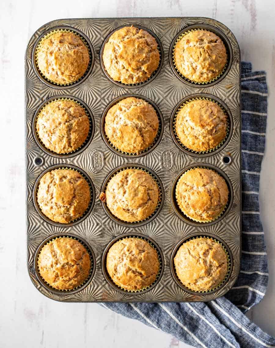 top view of fresh out of the oven all bran muffins in tin.