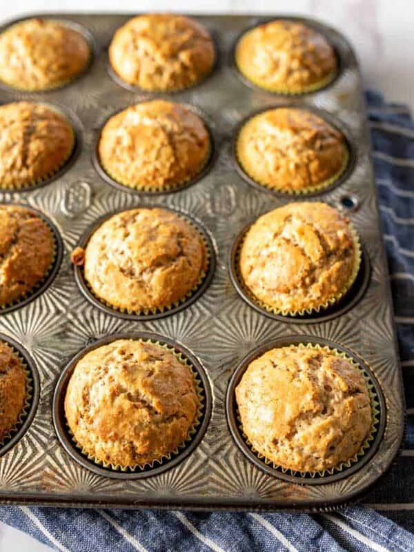 top view of fresh out of the oven bran muffins in tin.