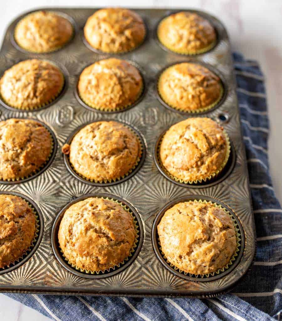 top view of fresh out of the oven bran muffins in tin.