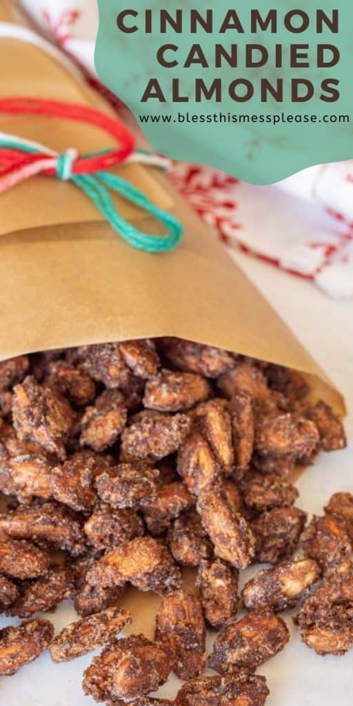 photo of candied almonds spilling out of brown bag with the words "cinnamon candied almonds" written on top