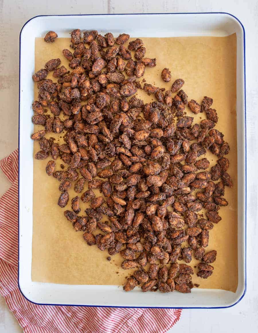 top view of candied almonds on baking sheet