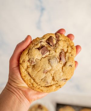 POV hand holding a huge chocolate chunk cookie that fills the palm