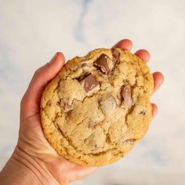 POV hand holding a huge chocolate chunk cookie that fills the palm