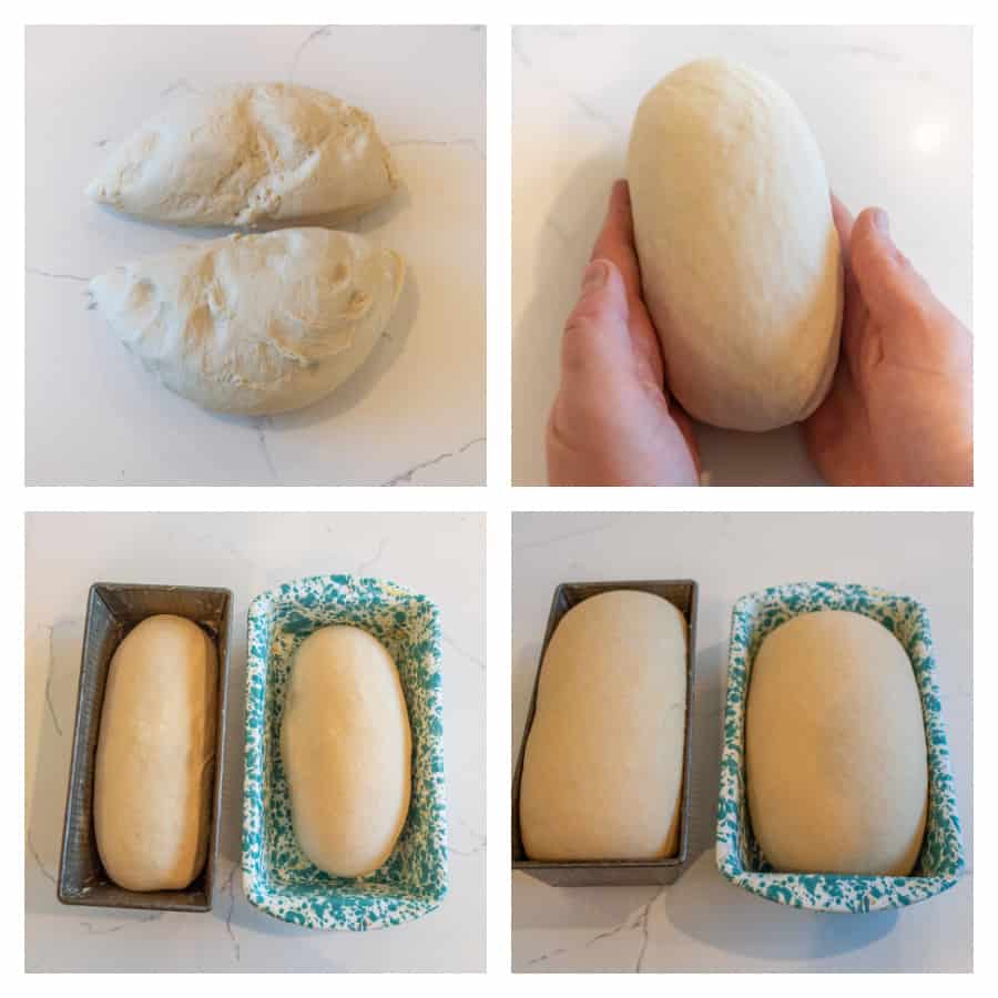 Four photo collage on how to make white sandwich bread. The first photo is of the bread dough cut into two pieces. The second photo is of the bread dough shaped into a loaf. The third photo is of the dough in the loaf pans before they have risen. The last photo is of the loaves of dough after rising in the loaf pans.