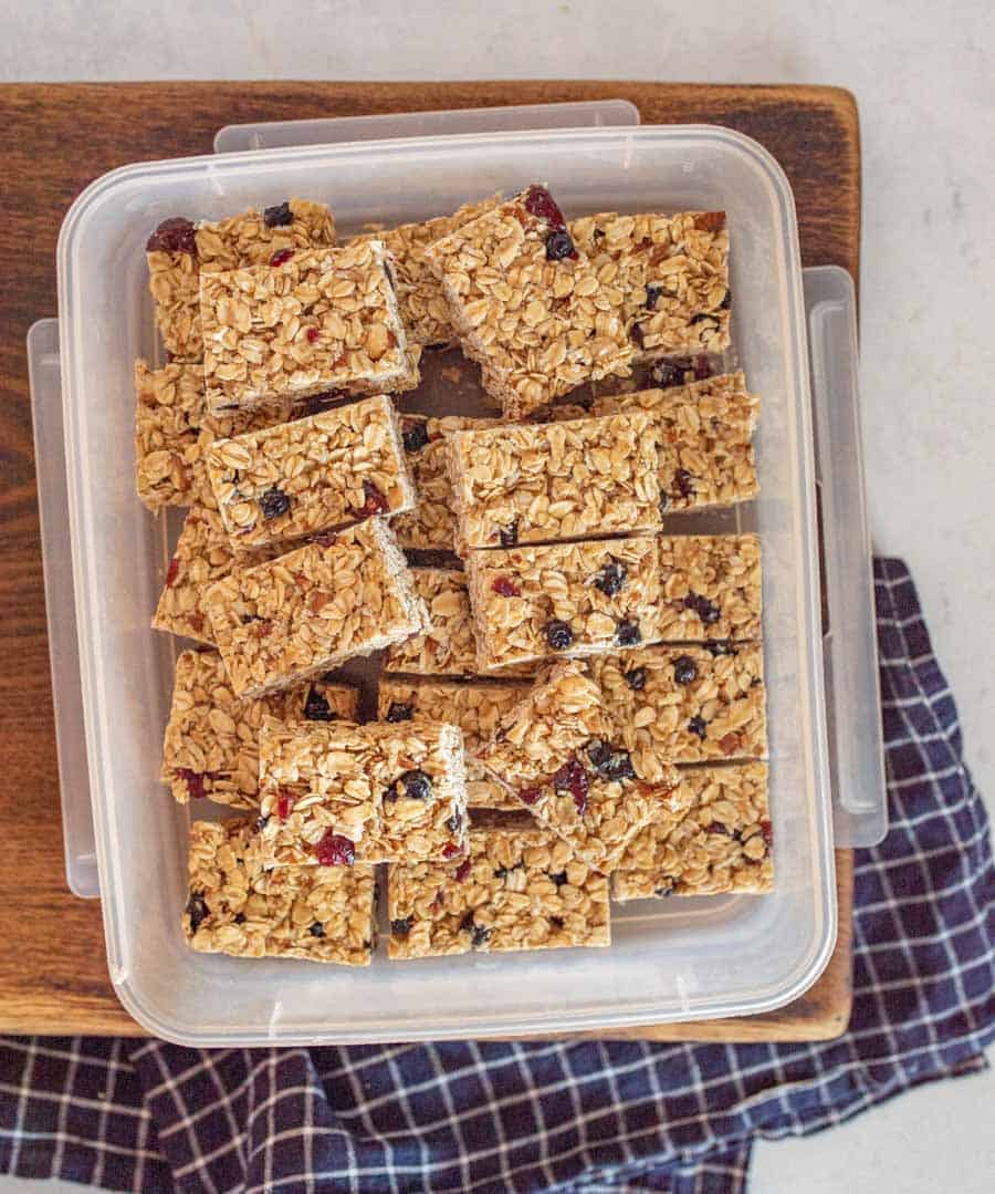 top view of granola bars in a plastic container