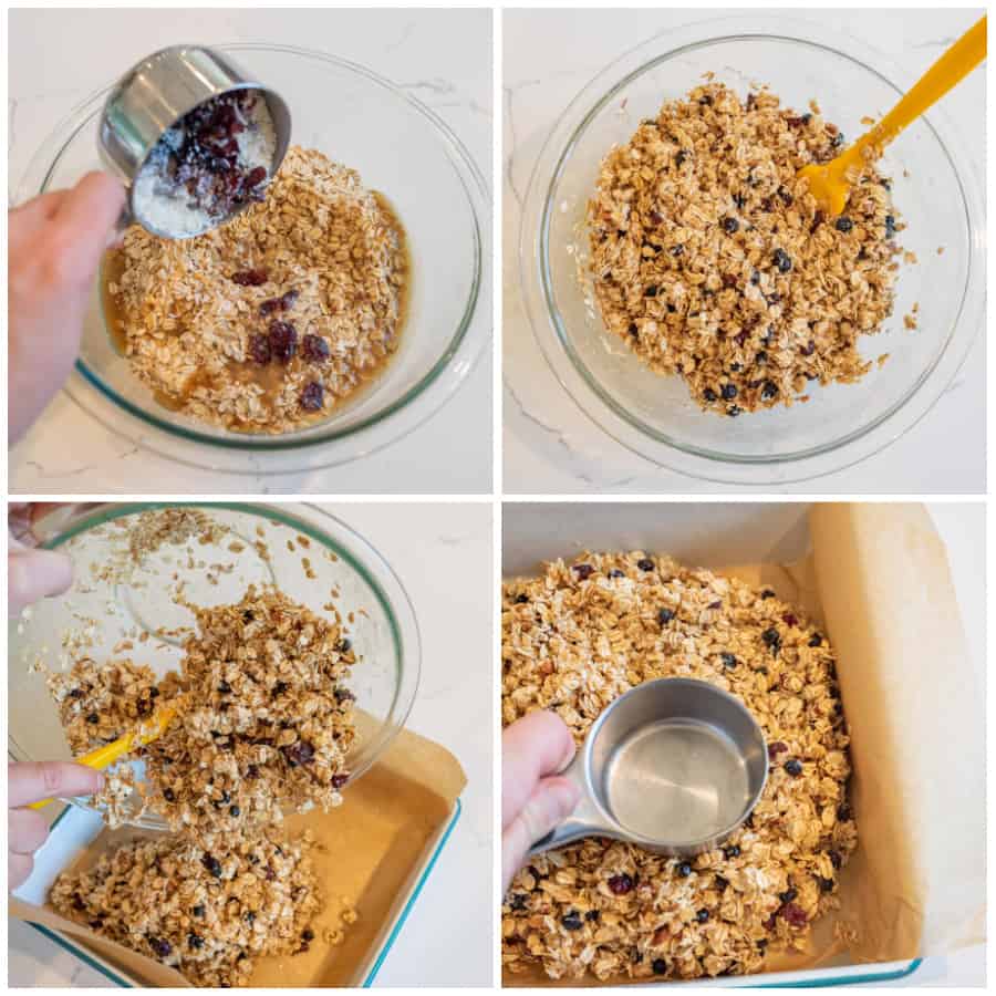 Four photo collage of homemade granola bars. The first photo is of the ingredients being poured into a glass bowl. The second photo is of the ingredients mixed together in a glass bowl. The third photo is of the ingredients being poured from the glass bowl into a pan lined with parchment paper. The last photo is of the granola bar mixture being pressed out into the baking sheet lined with parchment paper with a measuring cup.