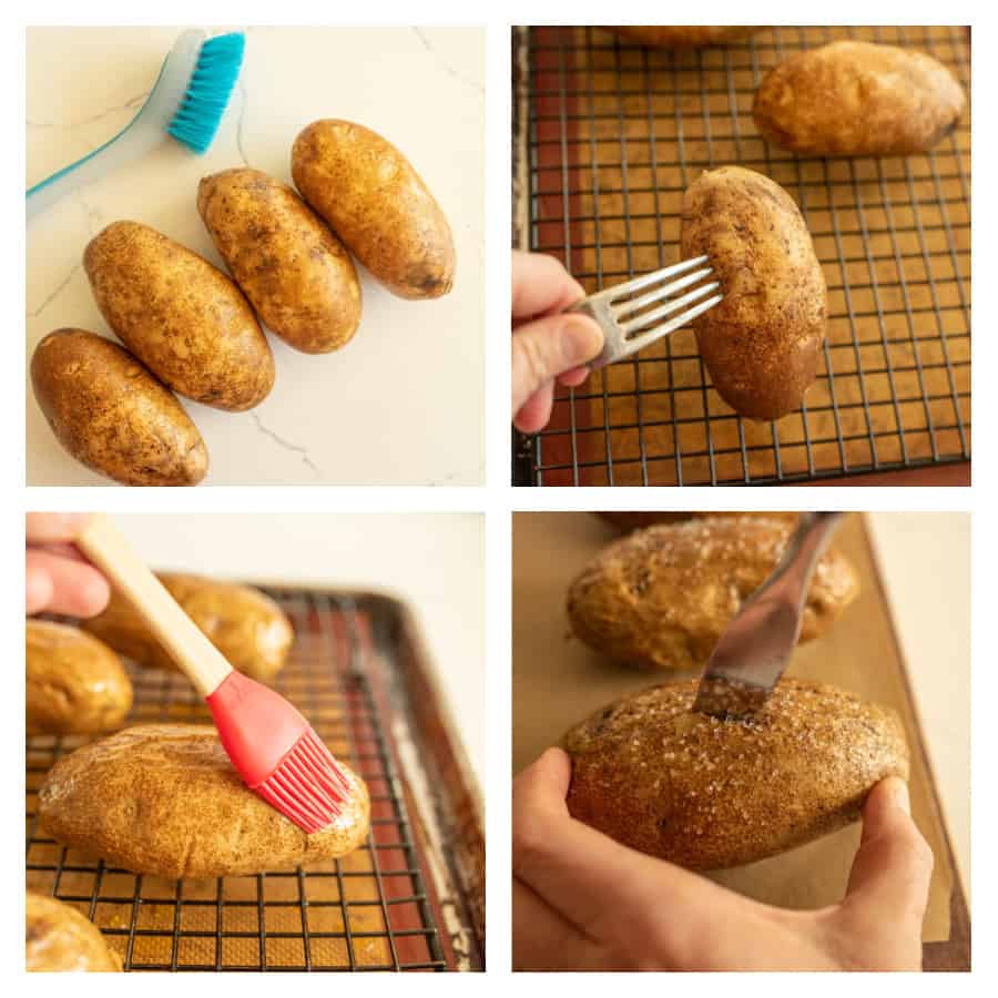 Four photo collage of baked potatoes. The first photo is of four potatoes. The second photo is of a fork poking a potato. The third photo is of oil being brushed onto a potato. The last photo is of the baked potato being cut open.