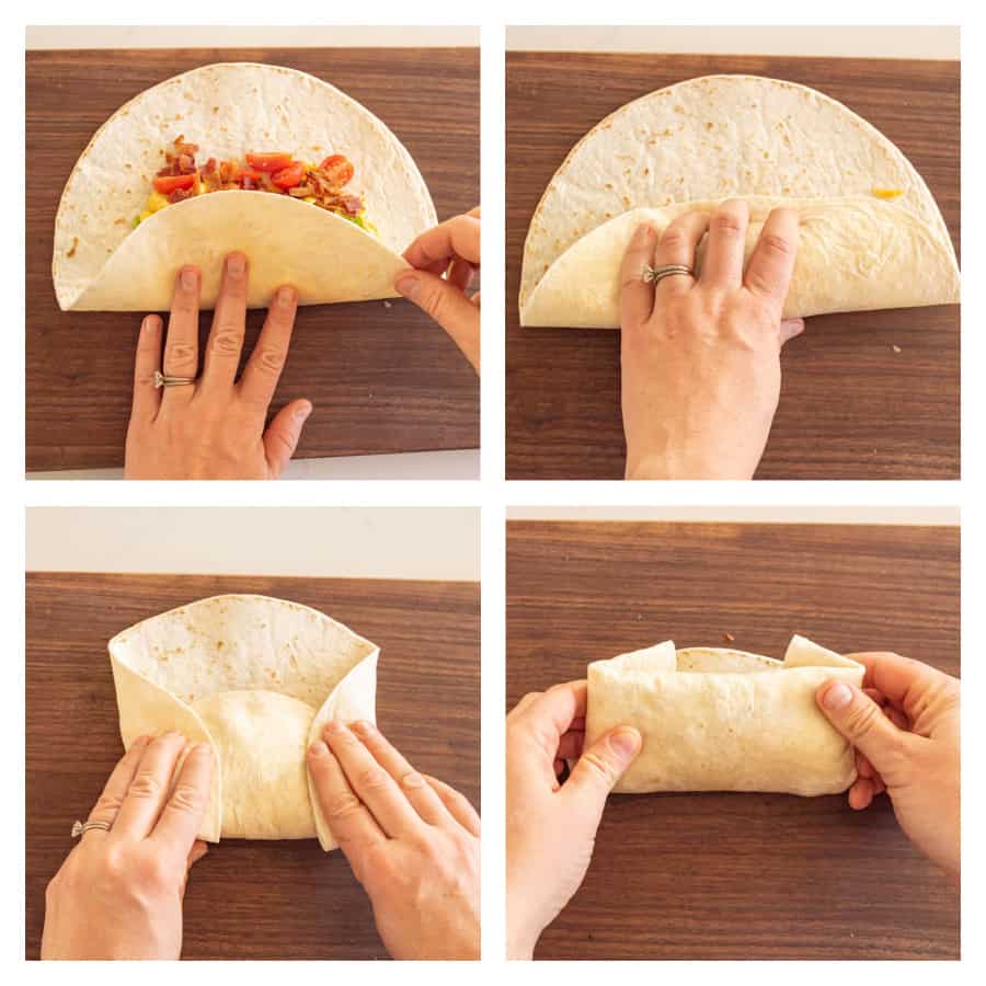 4 photo collage on how to fold a breakfast burrito. First photo is bottom half of tortilla being folded up. Second photo is of tortilla being rolled a bit. Third photo is of the sides of the tortilla being folded in. Last photo is tortilla being rolled closed.