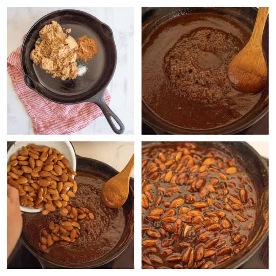 Four photo collage on how to make candied almonds. The first photo is of the ingredients in a cast iron skillet. The second photo is of the bubbling mixture being stirred. The third photo is of the almonds being poured into the mixture. The last photo is of everything mixed together.