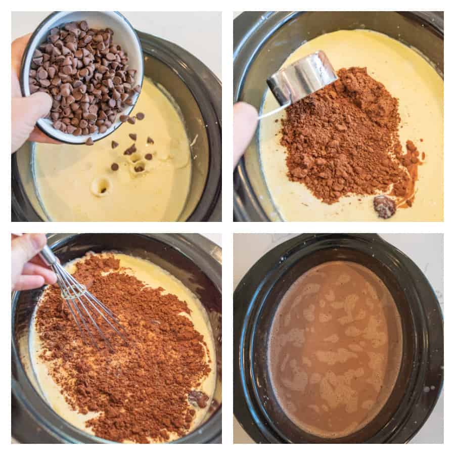 Four photo collage of crock pot hot chocolate. The first photo is of chocolate chips being poured into a crock pot of milk. The second photo is of cocoa powder being added to the crock pot of milk. The third photo is of the chocolate being whisked together with the milk in the crock pot. The last photo is of the hot chocolate in the crock pot.
